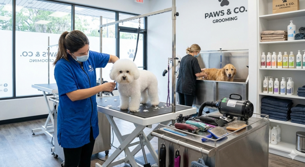 A professional pet groomer carefully grooming a dog, showing signs of proper coat care, nail trimming, and safe handling in a clean grooming environment.