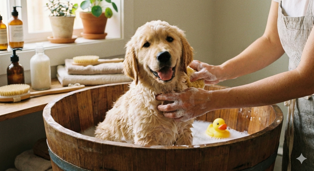 A happy dog being gently groomed by a professional pet groomer in a clean, well-equipped grooming salon, highlighting safe and comfortable pet care practices.