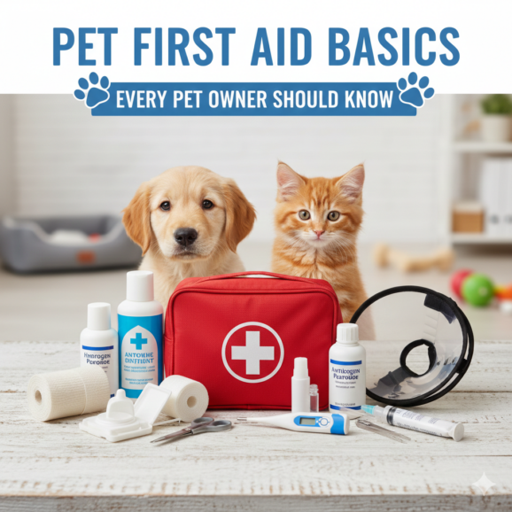 Infographic showing basic pet first aid steps, emergency preparation tips, and essential supplies for pet owners