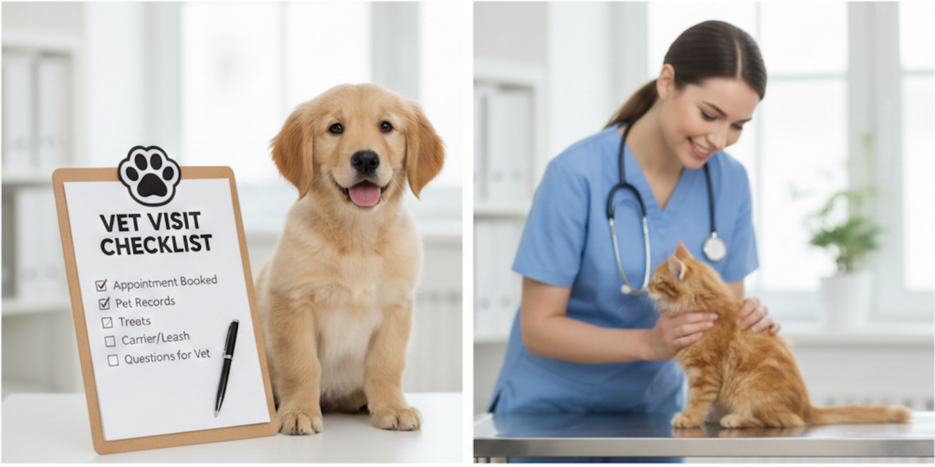 First time pet owner visiting a veterinarian with their dog during a routine checkup